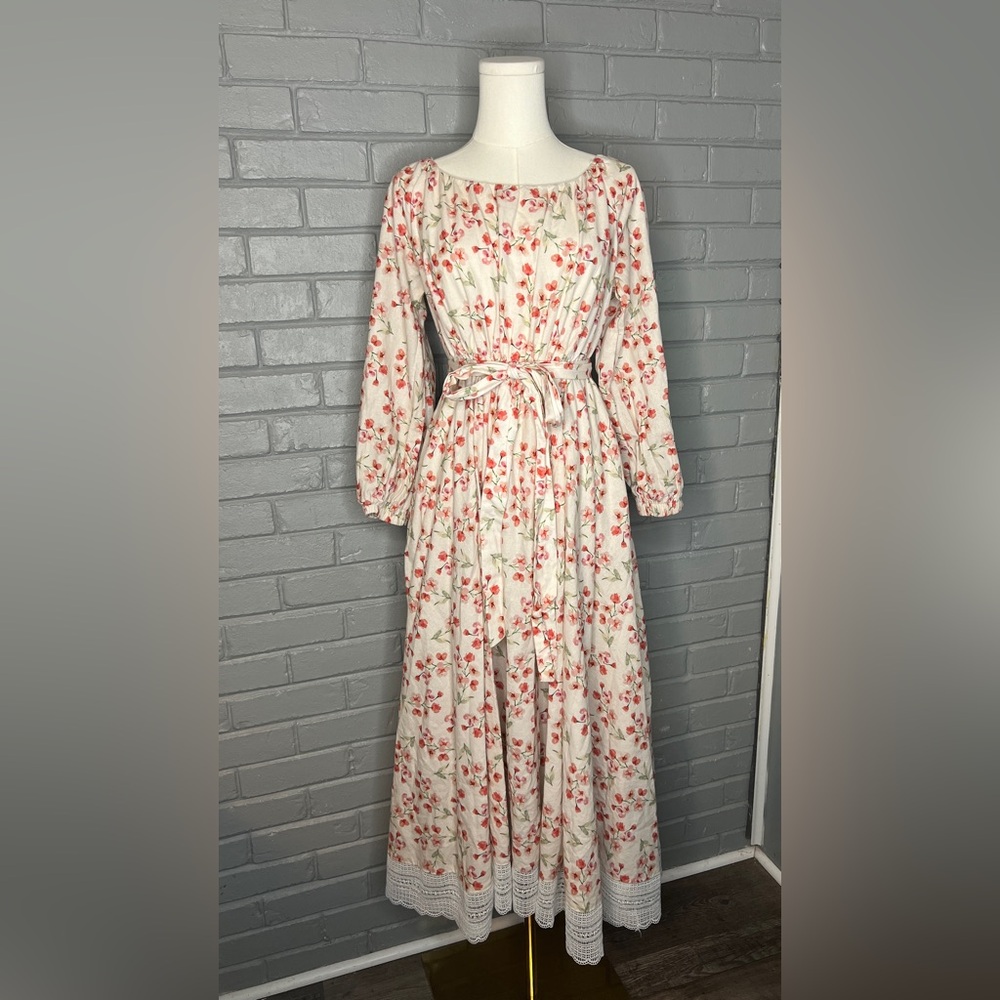 Linen Vibes Floral Tie-Waist Maxi Dress in Cream and Coral Lace Hem Size XS - Picture 2 of 13